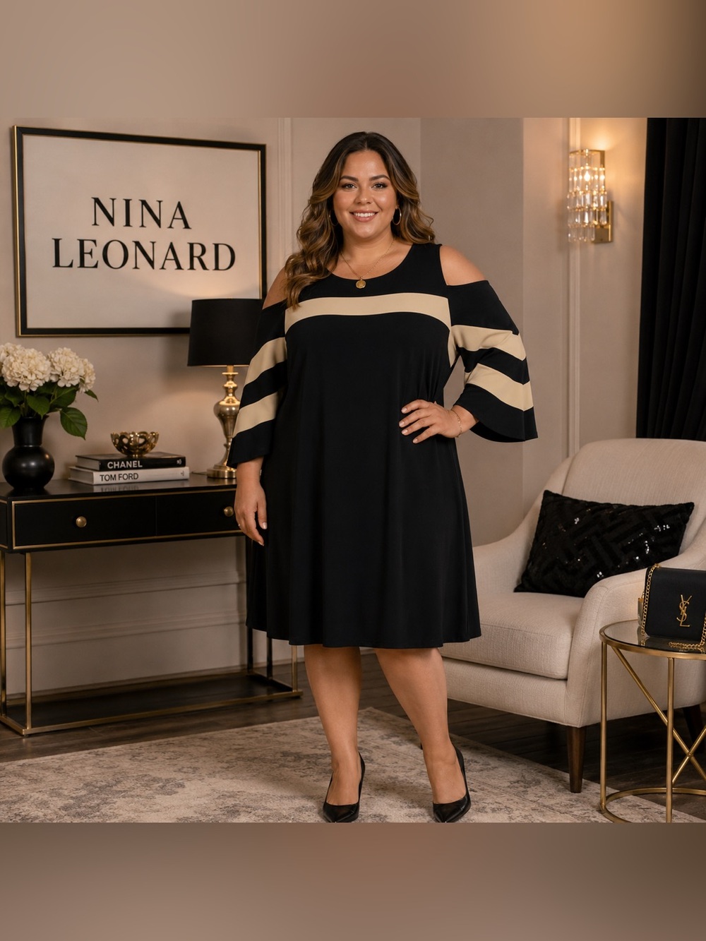 Nina Leonard Colorblock Cold Shoulder Mini Dress (1X)